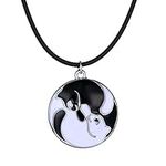 Feilok Vintage Glazed Lady Cats Pendant Long Chain Necklace-Black and White for Children