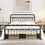 Yaheetech Queen Bed Frame with Vintage Headboard and Footboard, Farmhouse Metal Platform Bed, Heavy Duty Steel Slat Support, Ample Under-Bed Storage, No Box Spring Needed