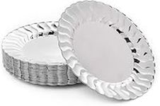 MATANA - 40 Premium Plastic Dinner Party Plates with Silver Finish, Multi-Use & Reusable - 22.5cm / 9"