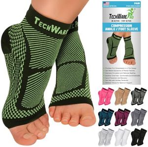 TechWare Pro Ankle Brace Compression Sleeve - Relieves Achilles Tendonitis, Joint Pain. Plantar Fasciitis Foot Sock with Arch Support Reduces Swelling & Heel Spur Pain. (Black/Green, S/M)
