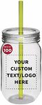 DISCOUNT PROMOS Custom Plastic Mason Jars with Straw Set 24 oz. Set of 100, Personalized Bulk Pack - Jars for Overnight Oats, Candies, Fruits, Pickles, Spices, Beverages - Apple Green