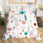 Manfei Kids Cartoon Cats Duvet Cover Set Full Size, Flower Leaves Bedding Set 3pcs for Boys Girls Bedroom Decor, Botanical Floral Print Comforter Cover Soft Polyester Quilt Cover with 2 Pillowcases