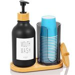 VITVITI Mouthwash Dispenser for Bathroom, Mouth Wash Pump Bottle with Paper Cup Holder, 17Oz Refillable Black Mouthwash Container with Bamboo Lid/Tray/Label