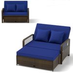 RELAX4LIFE Wicker Patio Outdoor Daybed - Rattan Sunbed Loveseat Sofa Set w/4-Level Adjustable Back, Cushions & Pillows, Storage Ottoman, 2-Person Bed Lounger for Backyard Porch, Patio Daybed (Navy)
