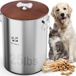 24-25 Lbs Stainless Steel Large Dog Food Storage Container with Airtight Wooden Lid to Keep Fresh, Metal Dog Food Containers with Ceramic Bone Handle, Easy Clean Dog Food Bin, Cat Food Container Jar