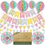 Premium Reusable Birthday Party Decorations - Pastel Birthday Decoration Set - Happy Birthday Banner, Birthday Bunting, Honeycomb Decorations, Pom Poms, Paper Streamers - Pastel Party Decorations