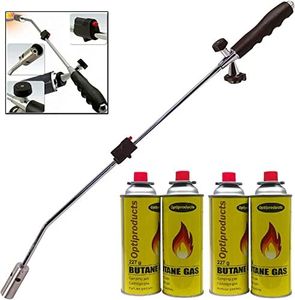 OptiProducts Garden Weed Burner with Auto Ignition Butane Weed Gas Wand Blowtorch Garden Torch Weeds Killer Burner with 4 Canisters