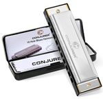 CONJURER Blues Harmonica for Beginners Adult, 10 Hole Diatonic Harmonica Key of C, Metal Mouth Organ C Key Brass Reed Blues Harp with Case, Key C Sliver