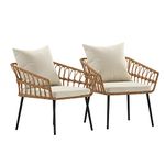 Flash Furniture Evin Set of 2 Boho Indoor/Outdoor Patio Chairs - Natural Finish Faux Rattan Wicker - Cream All-Weather Cushions - Integrated Armrests