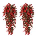 RECUTMS 2 Pack Artificial Greenery Plastic Fall Flower Fake Hanging Plant Vines Autumn Plants UV Resistant for Outdoor Home Garden Wall Office Wedding Party Hanging Basket Decoration (Red)