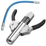 chaochao Grease Gun Coupler,17000 PSI High Pressure Nipple Heavy-Duty Quick Lock & Release,Double Handle Mini Tips Compatible with All Guns 1/8'' NPT Fittings,with Spring Flex Hose, Silver