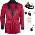 AiMiNa Men Red Silky Robe Jacket Halloween Bunnygirl Cosplay Costume With Captain Hat Glasses Lapel Pin Toy Prop Set(2XL)