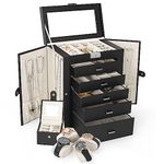 TORIBIO 2 in 1 Huge Jewelry Box 6-Tier Leather Jewelry Organizer Case with Small Travel Case for Women Girls Ring Necklace Earring Bracelet Watches with Big Mirror Black