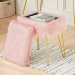 Faux Fur Vanity Stool Chair, Modern Soft Footstool, Metal Legs Bench with Storage, Vanity Seat Chair, Fur Stool, Ottoman Coffee Table, Ottoman with storage, Makeup Chair for Bedroom (Pink (Long Hair)