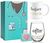 Before Patients After Patients Set Gift Package 11 oz Coffee Mug and 18 Stemless Wine Glass Idea for Dentist,Hygienist, Physician, Doctors Unique Nurse Day Graduation Gifts with Gift Card