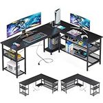 ODK L Shaped Gaming Desk, Reversible Computer desk with 2 Sockets and 2 USB Charging Ports, Corner Desk with Storage, Home Office Desk, Black, 168 x 120 cm