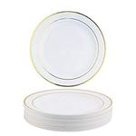 MATANA 100 Premium White Plastic Dessert Plates with Gold Rim, 19cm / 7 Inch - Elegant & Reusable Small Side Plates, Starter Plates for Weddings, Birthdays, Picnic, BBQ, Parties