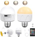 USB C Rechargeable Light Bulb with Remote Control, 2Pcs 4W Battery Powered Light Bulbs E27 Colorful Dimmable LED Bulb, Outdoor Camping Emergency Light Bulb with Detachable Lamp Holder