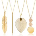 DAJISI 4PCS Long Necklaces for Women, Gold Charm Necklace Bar Feather Circle Leaf Pendant Necklace Boho Style Adjustable Long Gold Necklaces for Women