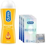 Durex Invisible Super Ultra Thin Condoms For Men 10 Count|Pack Of 3| Suitable For Use With Lubes & Toys, White & Lube Sensual Massage And Lubricant Gel - 200Ml