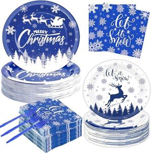 200Pcs Christmas Paper Plates and Napkins Blue Merry Christmas Tableware Set Let it Snow Reindeer Snowflakes Dinnerware Set for Xmas Party Decorations Winter Holiday Birthday Party Serve 50 Guests