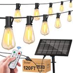 Stright Solar Powered String Light 120FT with Remote Control 8 Light Modes, Weatherproof Shatterproof ST38 LED Bulb 30 Sockets for Backyard Porch Cafe, Large Solar Panel