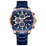 CRRJU Men's Fashion Casual Analog Quartz Watches for Men Date Chronograph Wrist Watches,Blue Stainsteel Steel Band Waterproof Watch, blue blue