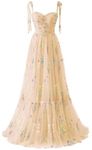 Generic WPPUPP Women's Floral Embroidery Prom Dress Spaghetti Straps Pleated Tulle Ball Gown Long Drawstring Formal Evening Gown, Champagne, 14