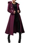 Cicy Bell Womens Long Double-Breasted Hooded Coat Winter Warm Wool Trench Coat with Belts, Burgundy, Medium