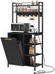 DWVO Black Bakers Rack with Trash Can Bin Cabinet and Power Outlet, Microwave Stand Cabinet with 6 Hooks, 6-Tiers Farmhouse Kitchen Tall Thickened Coffee Bar Table Station with Storage Shelf