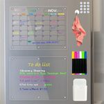 Enkis - Acrylic Magnetic Calendar for Fridge, 2 Pcs Clear Magnetic Fridge Calendar, Includes 6 Colorful Liquid Markers, Marker Holder, Cleaning Towel, Silicone Covers (40x30cm Monthly Planner & Memo)