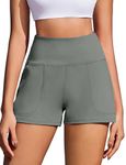 PINSPARK Athletic Workout Shorts for Women High Rise Running Shorts with Pockets Soft 2.5" Inseam Yoga Short Active Shorts Sage Gray S