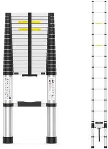 2026 New 11.81FT Heavy-Duty Aluminum Telescoping Ladder, 330LBS Capacity, One-Button Retraction Anti-Pinch, with Wall Support & Adjuster Pads, for Attic Roof Home Renovation