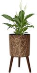 Opnons 12inch Black Plant Pots for Indoor Plants Large Boho Flower Pot with Stand Modern Planters with Gold Floral Embossed Standing Planter with Drainage for Living Room, Office, Garden or Balcony
