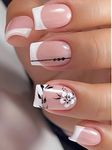 Secret Lives Acrylic Fake Reusable False Artifical Press On Nails French Nails With White Flower & Black Leaves Design 24 Pieces With Kit