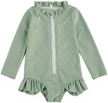 Karuedoo Baby Girls One Piece Swimsuit Zip Rash Guard Swimwear Ruffled Long Sleeve Bathing Suit, C-lake Green, 3-4T