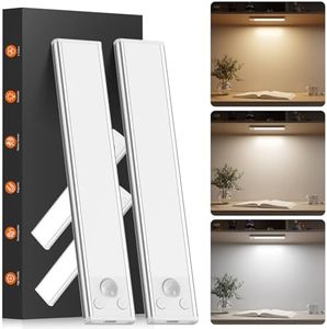 Luz LED Armario con Sensor de Movimiento, 2 Piezas 20CM Regulable Luces Led Cocina con 3 Color Modos, USB Recargable Luz LED Adhesiva Tira Magnética Nocturna para Armario, Escaleras, Pasillo, Garaje
