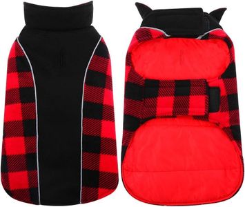 Kuoser Reversible Dog Coat, Warm Waterproof Dog Jacket, British Style Plaid Dog Winter Coats, Puppy Cold Weather Vest Windproof Outdoor Clothes Dog Snow Jackets for Extra Large Dogs XXXL