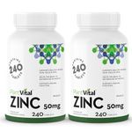 PlantVital Zinc Supplements 50mg (240 Count) - Immune Support, Healthy Bones, Hair, Nail and Skin with Zinc Gluconate 50mg - Made in Canada - Additive-Free - 480 Zinc Tablets