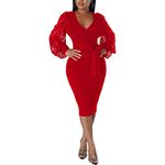 BOGURST Semi Formal Church Dresses for Women Bishop Sleeve Sexy V Neck Bodycon Midi Dresses, Ch Red, XXL