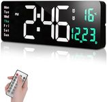 FineFizz 16" Digital Wall Clock Large Display, 12/24H Gym Clock, LED Wall Clock with Alarms, Date, Temperature, Remote Control, Large Digital Clock for Office (Corded Use Only) (Green)