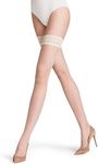 FALKE Women's Shelina 12 Denier Thigh Highs, Modern Lace Trim with Non Slip Grips, Ultra-Sheer Transparent, Nylon, White (Champagne 2579), L, 1 Pair