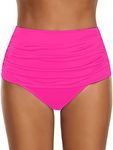 GRAPENT Women's Hot Pink High Waisted Swim Bottom Ruched Bikini Tankini Swimsuit Briefs High Rise Shirred Bathing Suit Briefs Swim Bottoms Size XXL XX-Large Size 20 Size 22