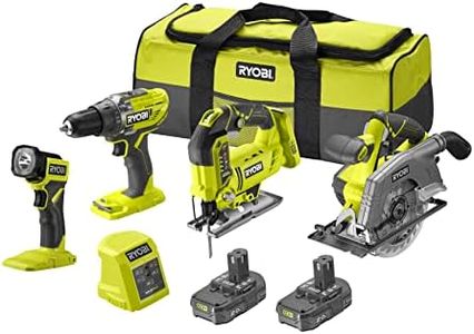RYOBI - Combo 4 strumenti 18 volt ONE+: trapano + seghetto alternativo + sega circolare + lampada LED + 2 batterie 2,0 Ah + caricatore - 1 grande borsa per il trasporto