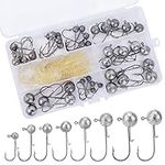 40Pcs Jig Heads Hooks and 10Pcs Artificial Worm Bait Set, size 8, 2g 3.5g 5g 7g 10g 14g 17g 20g, Fishing Jigs Baitholder Hook Saltwater Freshwater Swimbait Jigs with Barb for Pike Predator Bass Trout