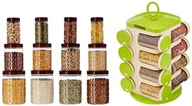 Amazon Brand - Solimo Checkered Airtight Jar Set of 12 and Solimo Revolving Spice Rack Set (16 pieces)