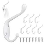 GOTRUST Prong Wall Mounted Hooks, 8Pcs Vintage Hooks for Coats, White Double Door Hooks with 16Pcs Screws, Metal Bathroom Hanger Hooks Clothes Hooks for Towel Hat Keys Bag