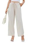 Famulily Linen Pants for Women Summer Wide Leg Adjustable Waistband Baggy Casual Long Palazzo Solid Comfy Beach Trousers with Pockets Apricot L