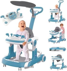 Baby Walker, 5 Modes Foldable Baby Walker with Wheels, Music, 4-Height Baby Toddler Walker with Push Handle, Baby Bouncer, Food Tray, Sunshade, Walkers for Babies 6-12 Months Boys Girls (Blue)