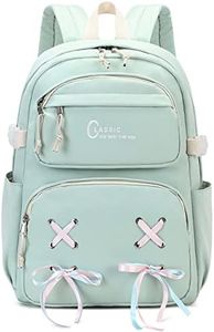 El-fmly Casual Travel Daypack Water Resistant School Bookbag Backpack with Cute Ribbon for Students Kids Girls Teens (Lightgreen)